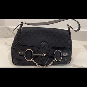 Gucci Horsebit black GG canvas chain shoulder bag